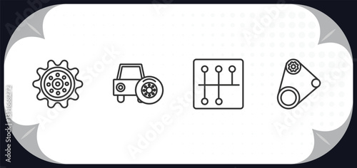outline icons set - car parts concept. car sprocket, car spare wheel, gearbox, fan belt.