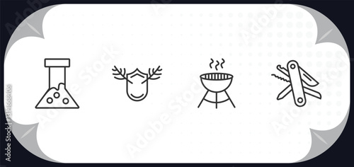 outline icons set - camping concept. flask, hunting trophy, grill, swiss knife.