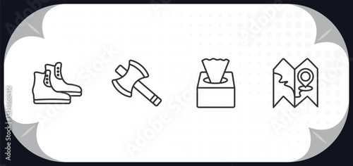 outline icons set - camping concept. boots shoes, axes, tissue, map.