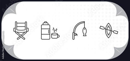 outline icons set - camping concept. camp chair, thermos, fishing rod, canoe.