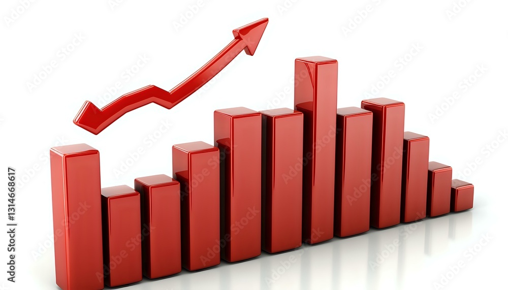 Red ascending bar graph with upward arrow showing positive growth trend on white background, business chart visualization for financial reports and presentations. Red ascending bar graph with upward arrow showing positive growth trend on white background, business chart visualization for financial reports and presentations.