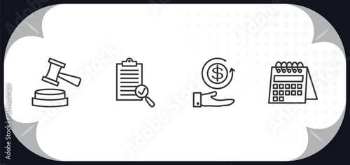 outline icons set - business and finance concept. trial hammer, revision, money back, wall calendar.