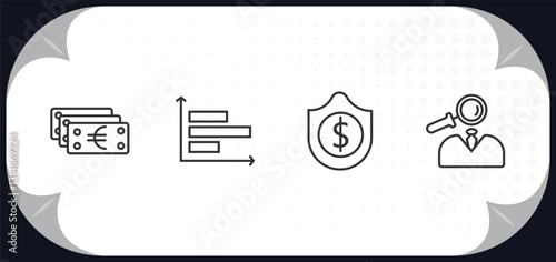 outline icons set - business concept. euro bills, horizontal bar chart, dollar money protection, professional advance.