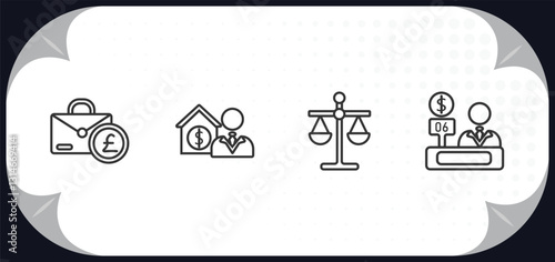 outline icons set - business concept. pounds bag of business, mortgage and man, scale in balance, bank teller.