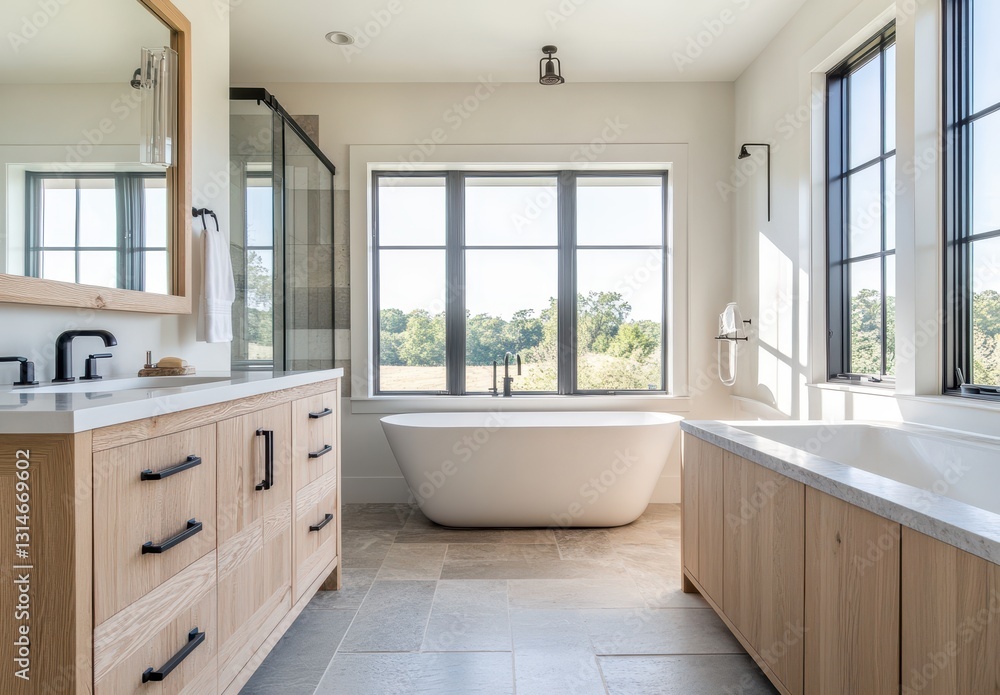 Bright and Spacious Modern Bathroom with Large Windows and Contemporary Fixtures Showcasing Elegant Design and Relaxing Atmosphere Bright and Spacious Modern Bathroom with Large Windows and Contemporary Fixtures Showcasing Elegant Design and Relaxing Atmosphere