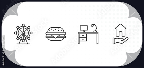 outline icons set - business concept. big wheel, basic burger, work table, home insurance.