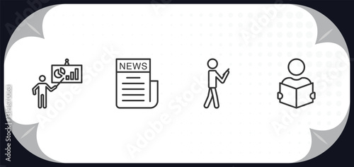 outline icons set - business concept. graphic panel and man, newspaper page, man looking, reader.