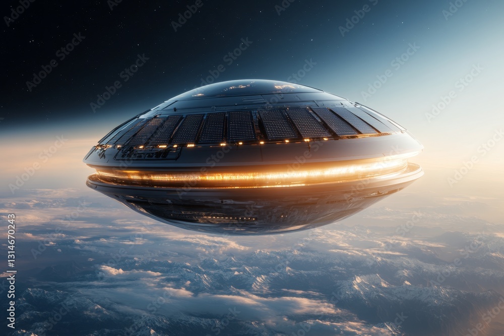 Obraz premium A 3D-rendered depiction of solar panels on a futuristic spaceship, orbiting Earth and absorbing energy directly from the sun