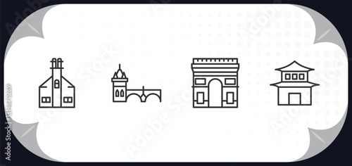 outline icons set - buildings concept. moot hall, charles bridge, arc de triomphe, pagoda.