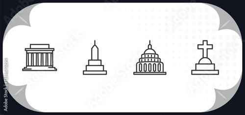 outline icons set - buildings concept. lincoln memorial, buddist cemetery, capitol building, christian cemetery.