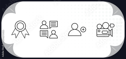 outline icons set - blogger and influencer concept. label, conversation, follow, camcorder.