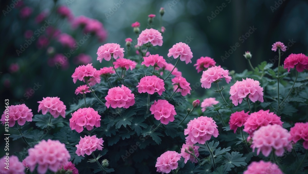 In a lovely garden, beautiful pink geranium flowers are blooming. In a lovely garden, beautiful pink geranium flowers are blooming.