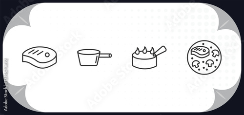 outline icons set - bistro and restaurant concept. beef chop, lateral pan, decorated cake, combine meal.
