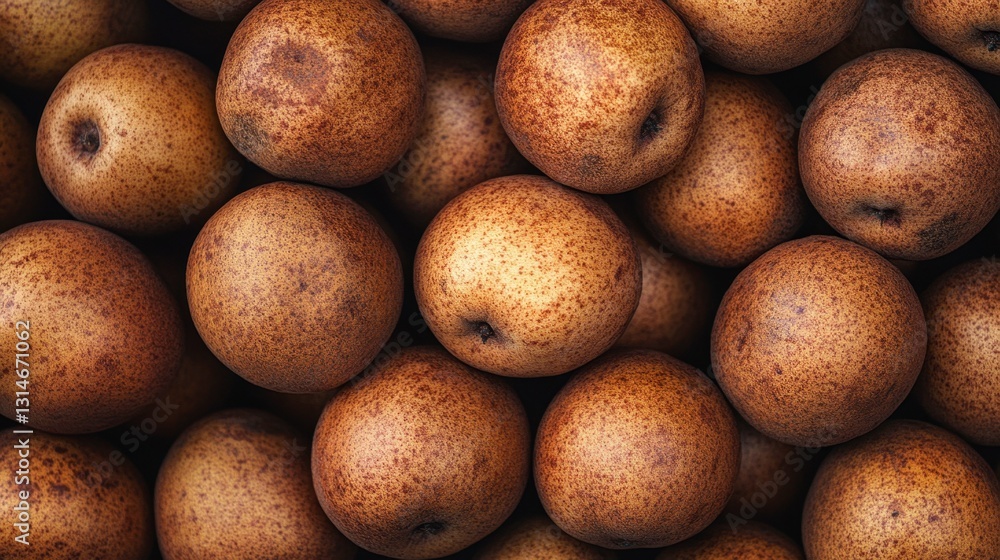Sapodilla fruits in a market display, neatly arranged in a pile with rich brown hues Sapodilla fruits in a market display, neatly arranged in a pile with rich brown hues