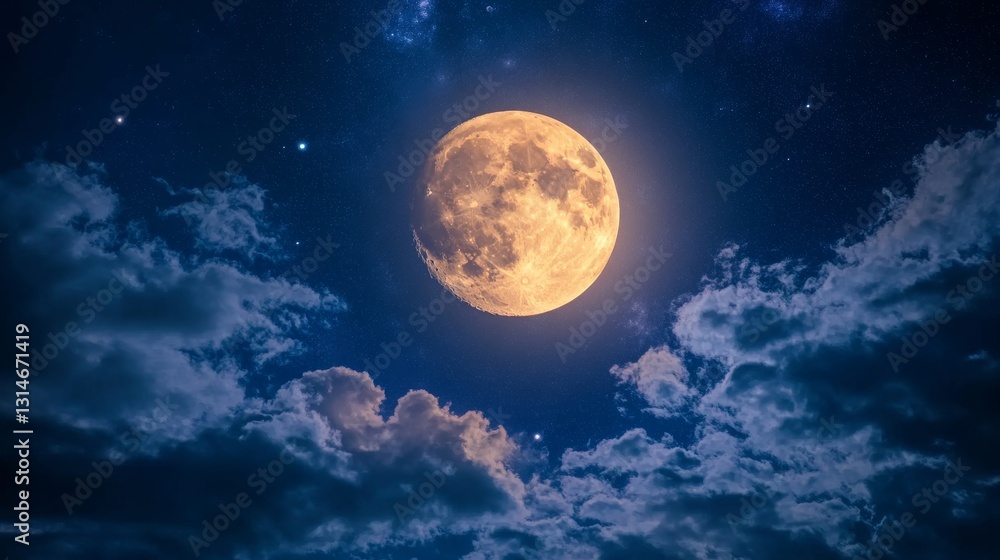 A breathtaking supermoon shining brightly in the night sky, surrounded by scattered clouds A breathtaking supermoon shining brightly in the night sky, surrounded by scattered clouds