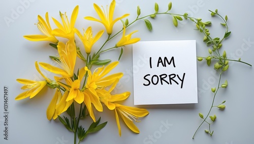 Fototapeta Handwritten message card saying I am sorry with yellow flowers on a white background.
