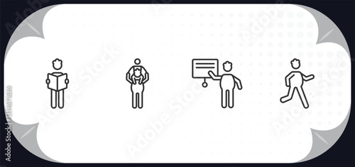 outline icons set - behavior concept. stick man reading, piggyback a kid, presentation whiteboard, stick man running.