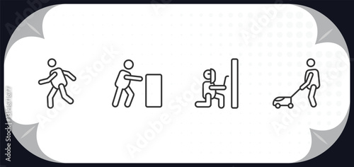 outline icons set - behavior concept. man running, man pushing, man welding, cutting lawn.