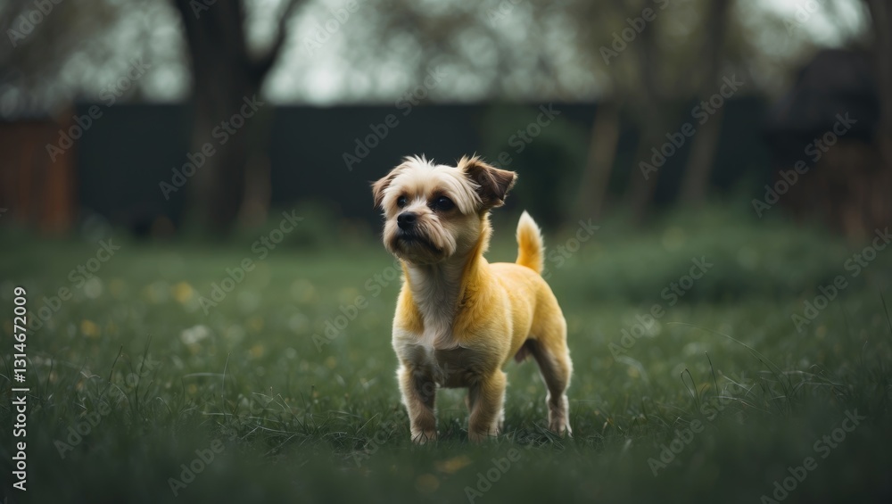 Obraz premium A small yellow dog stands in the yard with a background of blurred green grass and trees. The dog gazes away. The photo is out of focus. High-quality image.