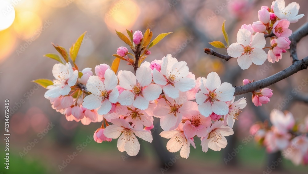 Flowers of the almond tree under sunny skies. Stunning nature view featuring a blooming tree. Beautiful orchard scene. Flowers of the almond tree under sunny skies. Stunning nature view featuring a blooming tree. Beautiful orchard scene.