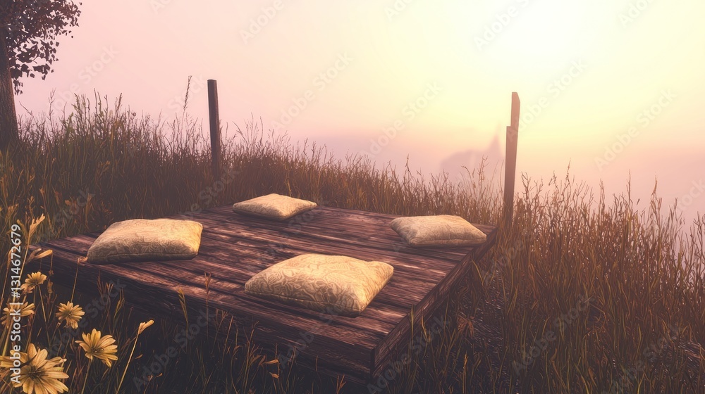 Obraz premium Rustic wooden platform with cushions at sunrise overlooking a misty landscape