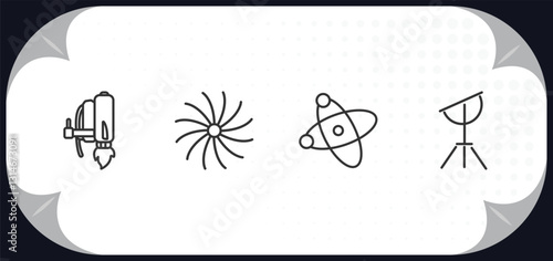 outline icons set - astronomy concept. jet pack, milky way, galaxy view, dioptra.