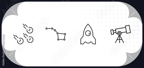 outline icons set - astronomy concept. meteorites, big dipper, space ship, telescope pointing up.