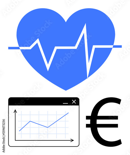 Heartbeat line on blue heart symbolizes health, graph reflects growth or analysis, euro sign denotes finance. Ideal for healthcare, economy, insurance, data, medical technology, investment finance