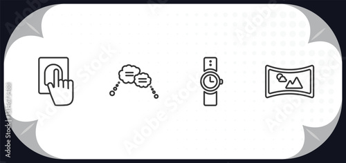 outline icons set - artificial intellegence concept. biometrics, speech bubble, wristwatch, immersive.