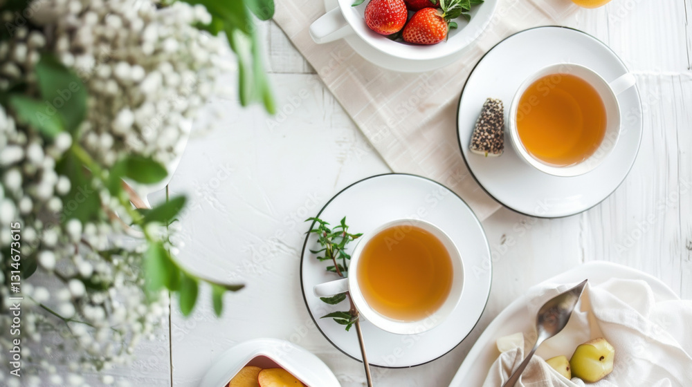 A cozy breakfast with tea lemon coffee and eggs A cozy breakfast with tea lemon coffee and eggs