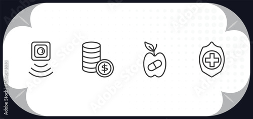outline icons set - artificial intellegence concept. motion sensor, coins, synthetic food, healthcare.