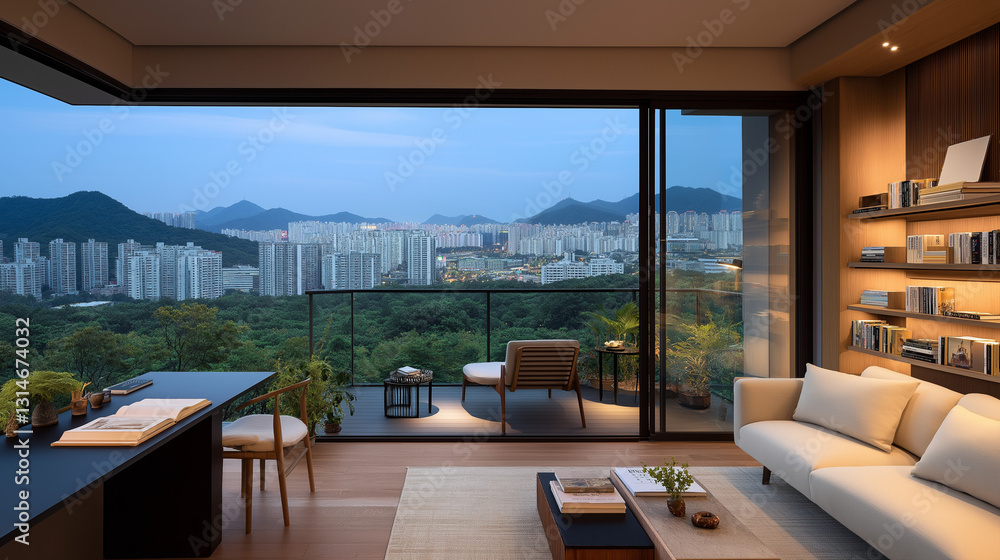 Fototapeta premium Urban Oasis: An exquisite modern living room, seamlessly blending indoor comfort with panoramic city views from a spacious balcony, offering a sanctuary of tranquility and elegance.