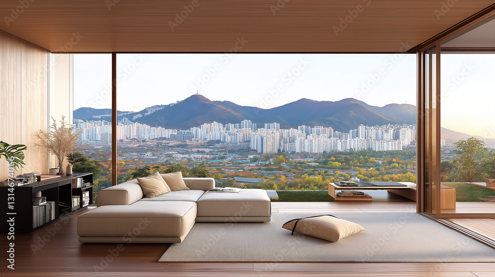 Fototapeta premium Panoramic Living: A modern, spacious living room with expansive windows offers a stunning view of a cityscape and majestic mountains. This interior design showcases comfort and urban serenity.