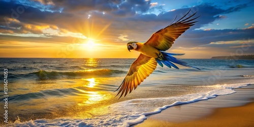 A Vibrant Macaw Soaring Over Golden Sands at Sunset, Wings Spread Wide in a Breathtaking Coastal Scene