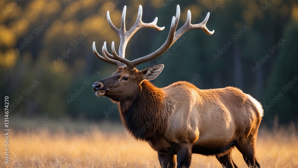 Fototapeta premium Close-up of a bull elk bugling, making a high-pitched sound during mating season. Bugling serves as a challenging or defiant call to other bulls to announce their presence.