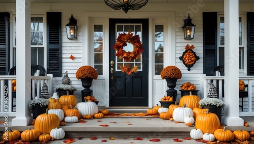 Fototapeta Naklejka Na Ścianę i Meble -  Hello autumn featuring stylish black and white fall decorations on the front porch.