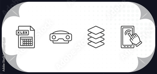 outline icons set - artificial intelligence concept. xlsx, stereoscope, layers, touch screen.