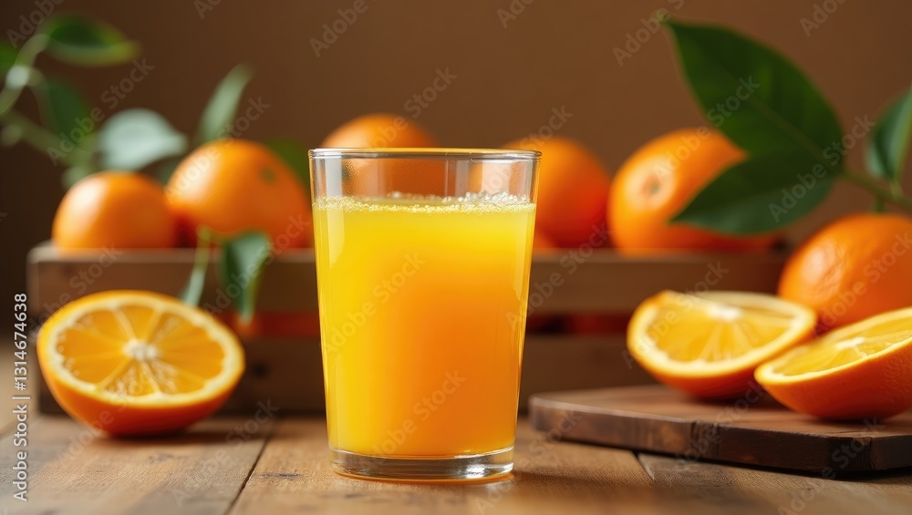 Freshly squeezed orange juice in a glass on the table accompanied by citrus fruits. Freshly squeezed orange juice in a glass on the table accompanied by citrus fruits.