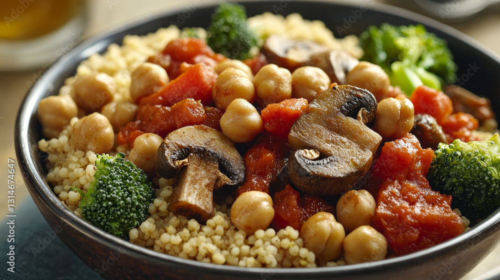 Hearty bowl of couscous, chickpeas, mushrooms, tomatoes, and broccoli Hearty bowl of couscous, chickpeas, mushrooms, tomatoes, and broccoli