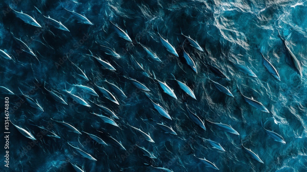 School of blackfin tuna moving in synchronized patterns in deep blue sea waters School of blackfin tuna moving in synchronized patterns in deep blue sea waters
