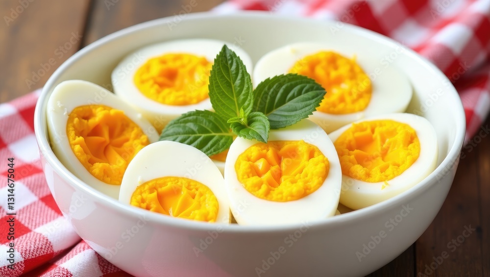 Boiled eggs arranged in a bowl with mint garnish on a wooden surface. Boiled eggs arranged in a bowl with mint garnish on a wooden surface.