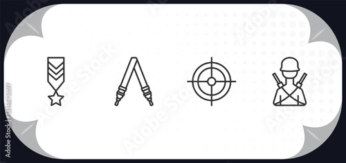 outline icons set - army and war concept. militar in, shoulder strap, gun shooting, infantry.