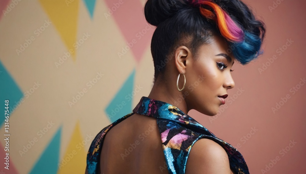 Naklejka premium Stunning Fashion Portrait of a Black Woman Showcasing Trendy Hairstyle and Contemporary Style in Urban Setting