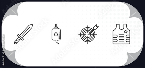 outline icons set - army concept. dagger, blood transfusion, aim, bulletproof vest.