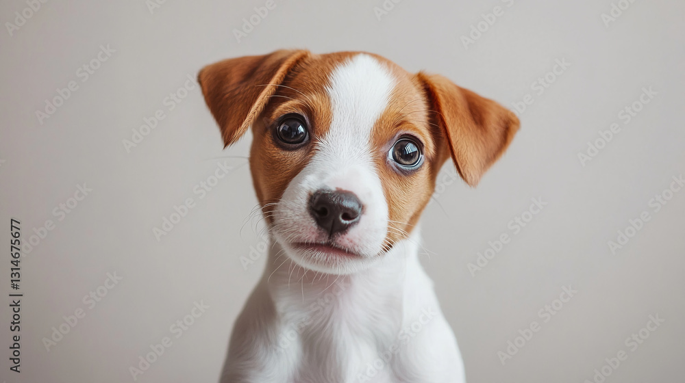 Close-up of a small, brown-and-white puppy, looking directly at the camera, showcasing innocence and playfulness, ideal for pet adoption or animal-themed projects Close-up of a small, brown-and-white puppy, looking directly at the camera, showcasing innocence and playfulness, ideal for pet adoption or animal-themed projects