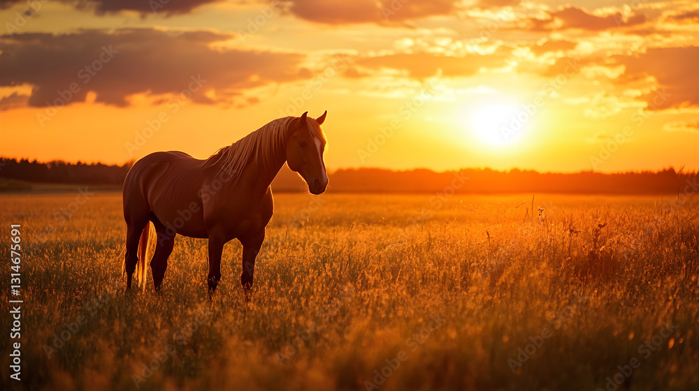 horse standing in a vast field with the golden sun setting behind it horse standing in a vast field with the golden sun setting behind it