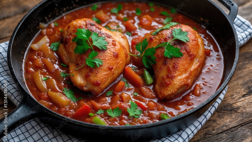 Homemade baked chicken featuring spicy onion tomato sauce in a close-up view within a frying pan.
