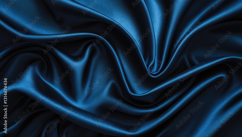 Fototapeta premium Black blue abstract backdrop. Silk satin. Curtain, drapery. Shiny fabric. Dark. Wavy soft pleats. Liquid wave effect. Gradient.