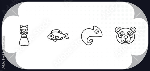 outline icons set - animals concept. lama, perch, chameleon, panda bear.