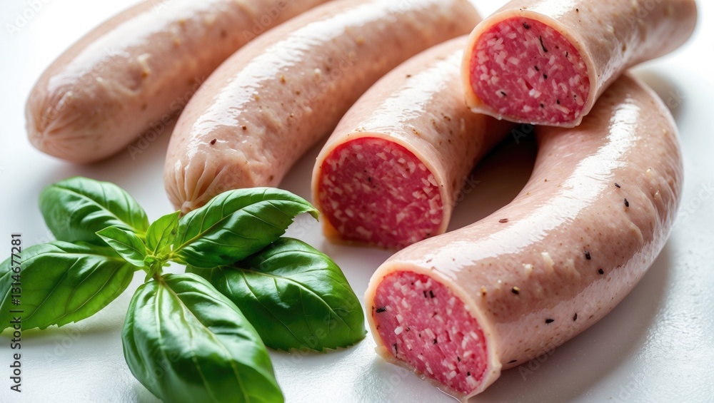 Heap of cooked sausages, close-up, set against a white background. Heap of cooked sausages, close-up, set against a white background.